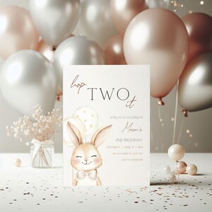 Bunny 2nd Birthday Invitation, Editable Easter Spring Some Bunny Is Two Birthday Invitation Canva Template, Girl Boy Bunny Invitation BS189