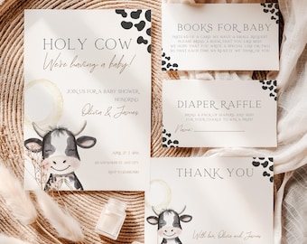 Holy Cow Digital Baby Shower Invitation Bundle, Editable Boho Cow Baby Shower Invitation Canva Template, Farm Ranch Cow Baby Invite BS198
