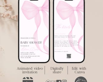 Animated Pink Bow Girl Baby Shower Evite, Electronic Digital Pink Coquette Baby Shower Invite Template, Editable Pink Ribbon Invite BS115