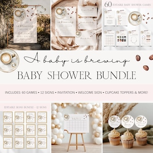 A Baby Is Brewing Coffee Baby Shower Bundle, Gender Neutral Coffee Bean Baby Shower Template Bundle,  Coffee Theme Shower Invite Bundle BS58