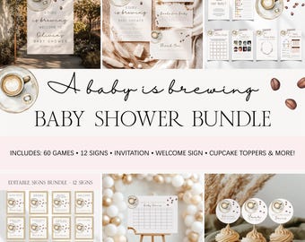 A Baby Is Brewing Coffee Baby Shower Bundle, Gender Neutral Coffee Bean Baby Shower Template Bundle,  Coffee Theme Shower Invite Bundle BS58