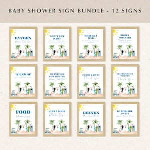 Baby aan boord surfen babyshower tafelborden bundel, bewerkbare zomer oceaan strand kaarten en cadeaus sjabloonborden, neutrale doucheborden BS158