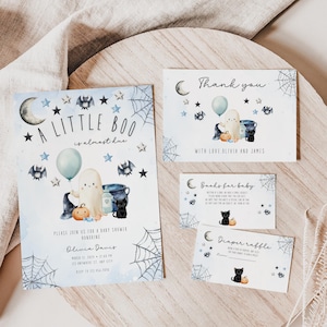 Zestaw zaproszeń na baby shower A Little Boo, niebieski zestaw zaproszeń na baby shower z duchem Halloween, szablon zaproszenia na baby shower z okazji Halloween BS28