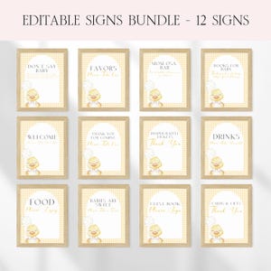 Little Duckling Baby Shower Table Sign Bundle, Editable Yellow Little Duck Baby Shower Sign Canva Template, Rustic Baby Shower Decor BS215