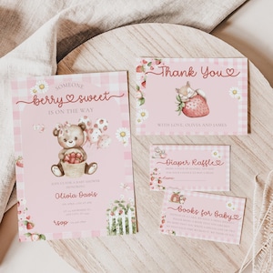 Strawberry Baby Shower Invitation Set, Strawberry Baby Shower Invite Canva Template Bundle, Berry Sweet Baby Girl Shower Invitation BS211