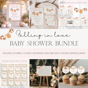 Falling In Love With Baby Shower Bundle, Editable Autumn Pumpkin Girl Baby Shower Invitation Bundle, Boho Fall Clothes Baby Shower BS153