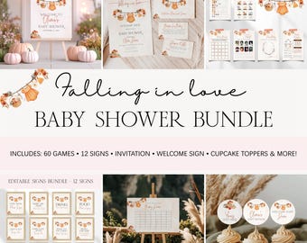 Falling In Love With Baby Shower Bundle, Editable Autumn Pumpkin Girl Baby Shower Invitation Bundle, Boho Fall Clothes Baby Shower BS153