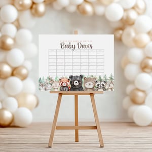 Woodland Animals Baby Shower Due Date Calendar, Editable Woodland Guess The Baby&#39;s Birthday Calendar Game Template, Baby Predictions BS107
