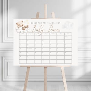 Wir sind auf Wolke Nine Babyparty Fälligkeitsdatumskalender, bearbeitbare Wolke Neun Erraten Sie Babys Fälligkeitsdatum Kalendervorlage, geschlechtsneutrales Fälligkeitsdatum BS65
