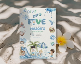 Dive Into Five Boy Birthday Invitation, Editable Summer Pool Party Fifth Birthday Invitation Template, Tropical 5th Birthday Invite BS221