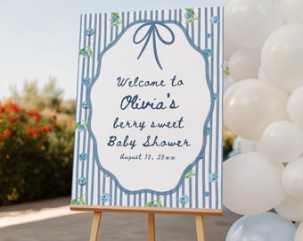 Blueberry Baby Shower Welcome Sign, Editable Berry Sweet Poster, Baby Shower Decor, Customizable Template BS237