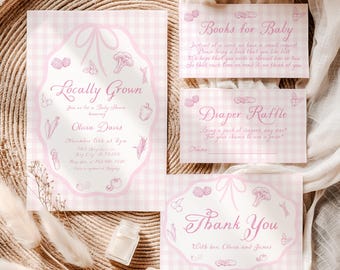Paquete de invitaciones para baby shower de temática local, color rosa, digital e imprimible, para niñas (BS246)