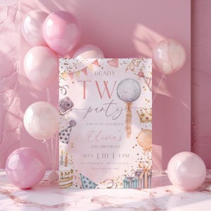 Ready Two Party 2nd Birthday Invite, Editable Girl Second Birthday Party Canva Invitation Template, Cute Toddler Birthday Invitation BS175