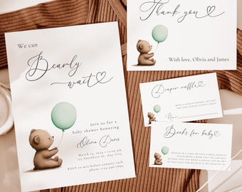 We Can Bearly Wait Baby Shower Invite Bundle, Green Teddy Bear Digital Invitation, Editable Template, Gender Neutral BS204