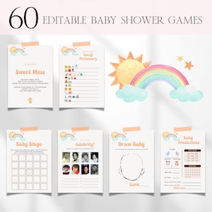 Here Comes The Son Baby Shower Games Bundle, Editable Retro Sunshine Baby Shower Bingo Games, Boho Boy Sonshine Baby Shower Games Decor BS92