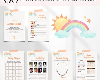 Here Comes The Son Baby Shower Games Bundle, Editable Retro Sunshine Baby Shower Bingo Games, Boho Boy Sonshine Baby Shower Games Decor BS92