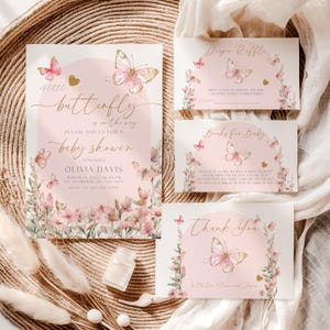 Pacchetto di inviti per baby shower a forma di farfalla, set di modelli di inviti per baby shower a forma di farfalla rosa, farfalle e fiori per baby shower rosa per bambine BS9