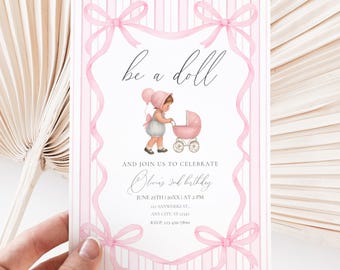 Baby Doll Party Invitation,  Pink Girl's Birthday Invite, Editable Digital Download, Printable Template for Kids BS254