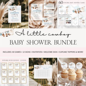 A Little Cowboy Baby Shower Bundle, Editable Cowboy Baby Shower Games Invitation Signs Template Bundle, Baby Boy Country Western Shower BS75