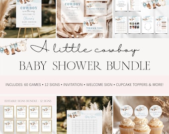 A Little Cowboy Baby Shower Bundle, Editable Cowboy Baby Shower Games Invitation Signs Template Bundle, Baby Boy Country Western Shower BS75