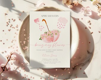 April Showers Bring May Flowers Baby Shower Invitation, Editable Spring Umbrella Baby Shower Invitation Canva Template, Girl Shower BS81
