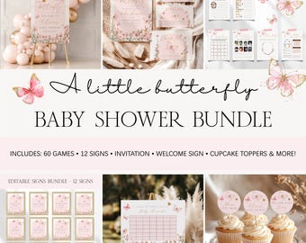 Pink Butterfly Baby Shower Bundle, Girl Butterfly Baby Shower Invitation Games Editable Template Bundle, Butterfly Signs Decor Bundle BS9