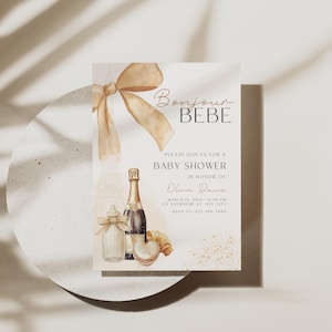 Bonjour Bebe Babypartyeinladung, bearbeitbare Paris Französischer Eiffelturm-Babyparty-Einladung, Pariser Baby-Champagne-Bogen-Einladungsvorlage BS2