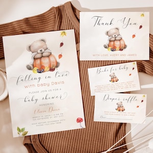 Falling in Love babyshower bewerkbare uitnodigingsbundel, Boho herfstteddybeer babyshower uitnodigen, herfst pompoen babyshower uitnodiging BS26