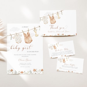 Boho Girl Clothesline Baby Shower Invitation Bundle, Editable Sweet Baby Girl Baby Shower Canva InviteTemplate, Clothesline Invite BS212