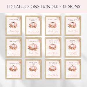 Pink Pumpkin Baby Shower Signs Bundle, Little Pumpkin Fall Autumn Baby Shower Table Sign Set, Printable Baby Shower Boho Decor Signs BS17