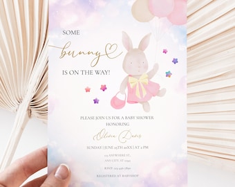 Invitación digital para baby shower con diseño de conejito, diseño de flores rosas imprimibles (BS245)