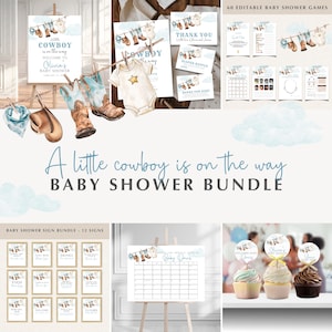 Un piccolo pacchetto per baby shower da cowboy, modello di invito per giochi da baby shower da cowboy modificabile, baby boy country western shower BS75
