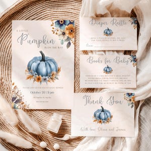 Little Pumpkin Baby Shower Invitation Bundle, Blue Floral Gender Neutral Pumpkin Theme Baby Shower Fall Autumn Invitation Template Set BS18
