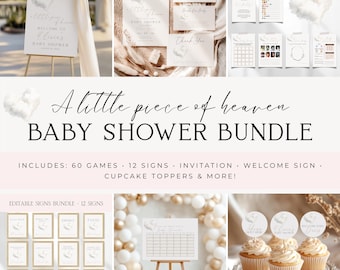 May include: A baby shower bundle featuring a welcome sign, invitations, 60 editable games, 12 signs, and cupcake toppers. The stationery set displays a cloud graphic and the text A little piece of heaven BABY SHOWER BUNDLE in white and grey.