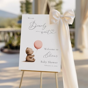 We Can Bearly Wait Baby Shower Welcome Sign, Editable Boho Bear Welcome Sign Canva Template, Pink Balloon Teddy Bear Baby Shower Sign BS168