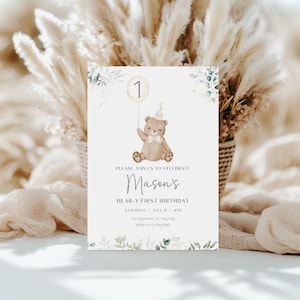 Beary Erste Geburtstagseinladung, bearbeitbare Greenery Teddybär 1. Geburtstagseinladung Canva Vorlage, Neutral Boho Minimalist Invite BS146