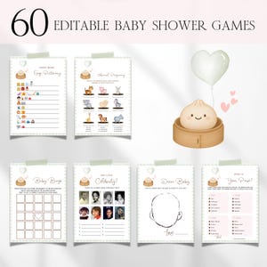 May include: A collection of six printable baby shower games, including Disney Pictionary, Animal Pregnancy, Baby Bingo, and "Who is that Celebrity?" The games are on white cards with a light green border and a cute dumpling illustration.