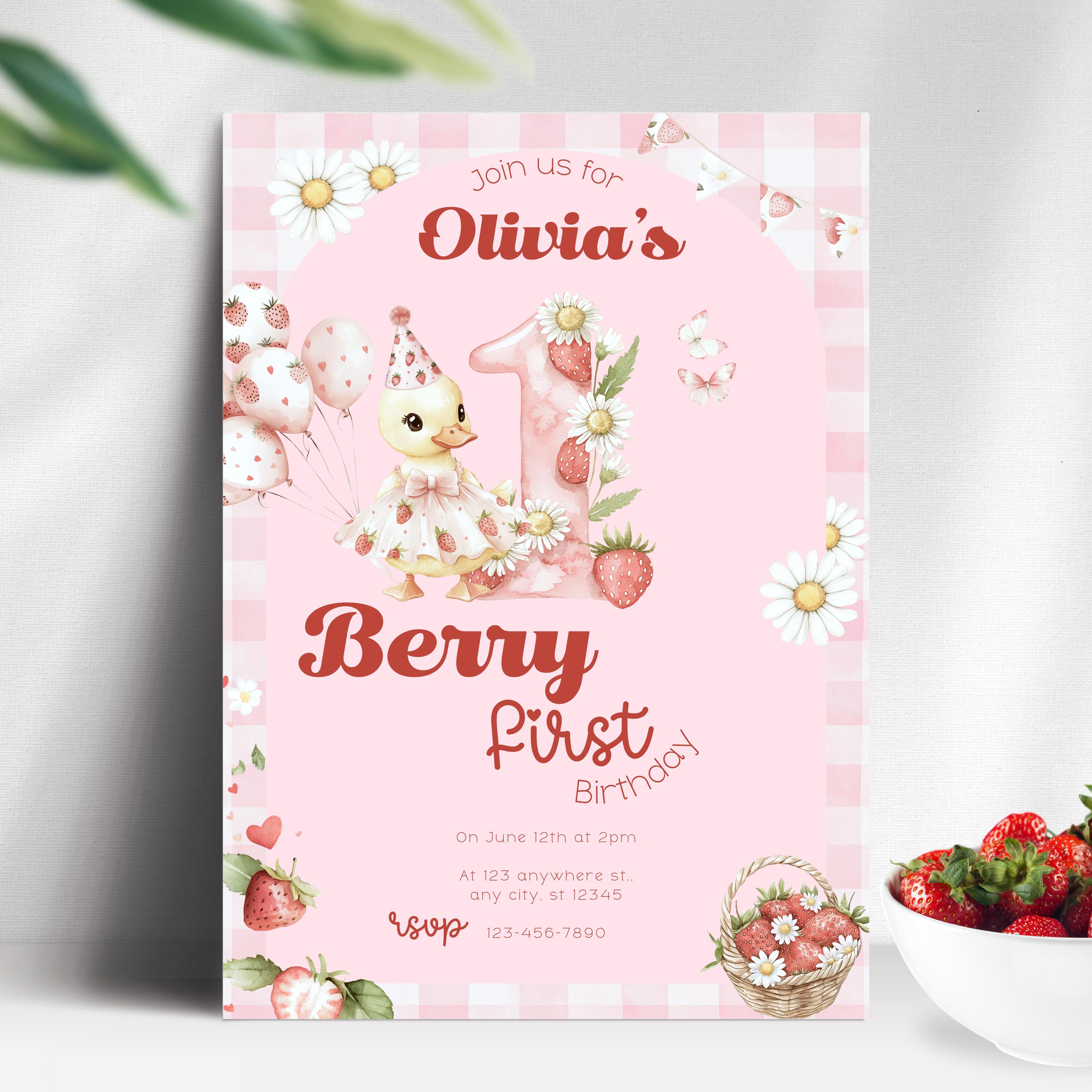 1st Strawberry Birthday Party Invitation Canva Template, Editable Berry First Birthday Girl Invitation, Digital Berry First Invitation BS210