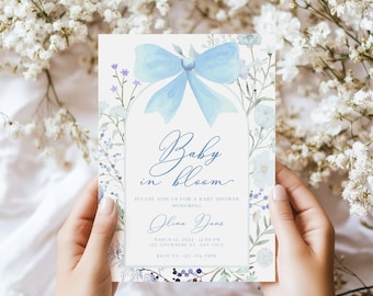 Invitación para baby shower "Baby In Bloom", baby shower para niño "Blue Coquette Wildflower", plantilla editable de invitación para baby shower "Wildflower" BS82