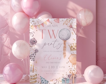 Invitación de segundo cumpleaños para dos niñas, plantilla editable de invitación de Canva para fiesta de segundo cumpleaños de niña, linda invitación de cumpleaños para niños pequeños BS175