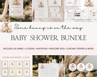 Sommige Bunny Baby Sweet Baby Shower-bundel, bewerkbare bloemen paashaas babyshower uitnodiging gamesbundel, Spring Bunny Baby Shower-bundel BS31