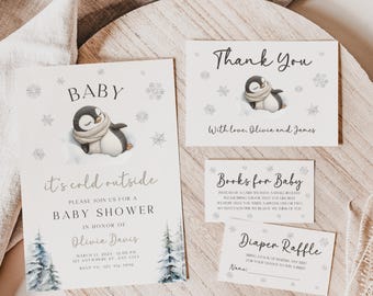 Baby It's Cold Outside Baby Shower Invitation Bundle, Penguin Baby It's Cold Winter Wonderland Snowflake Girl Baby Shower Invite Set BS35