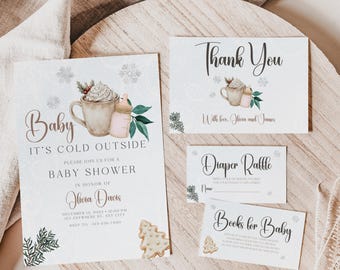 Baby It&#39;s Cold Outside Baby Shower Invitation Bundle, Printable Baby It&#39;s Cold Winter Wonderland Snowflake Girl Baby Shower Invite Set BS36