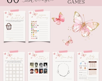 A Little Butterfly Is On The Way Baby Shower Games, Pink Butterfly Baby Shower Games, Boho Pink Glitter Butterfly Girl Baby Shower Theme BS9