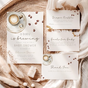 Ensemble d'invitations minimalistes pour baby shower sur le thème des grains de café, invitation modifiable « Bébé infuse le café », invitation mixte BS58