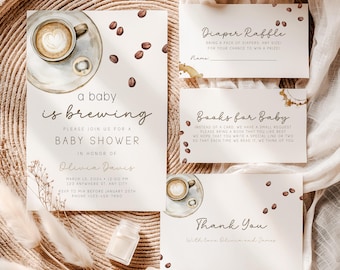 Minimalist Coffee Bean Baby Shower Invitation Bundle, Editable A Baby Is Brewing Coffee Baby Shower Invite, Gender Neutral Baby Invite BS58