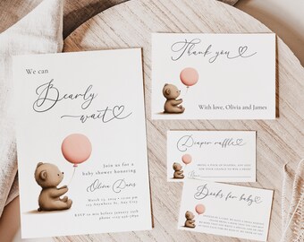 We Can Bearly Wait Baby Shower Invitation Canva Template Bundle, Pink Balloon Boho Bear Invite, Editable Girl Bear Shower Invitation BS168
