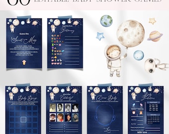 Out Of Space Baby Shower Games Bundle, Editable Outer Space Galaxy Baby Shower Games Bundle, Moon Stars Space Baby Shower Bingo Games BS112