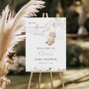 Wir können Bärenbabyparty Willkommensschild warten, bearbeitbare Boho Bär Willkommensschild Canva Vorlage, neutrales Mädchen Teddybär Babyparty Poster BS8