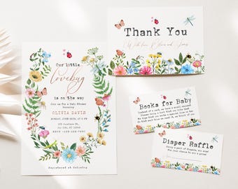 Lovebug Baby Shower Invitation Bundle, Editable Floral Template, Digital Download, Girl or Boy Bug Theme Invite BS132